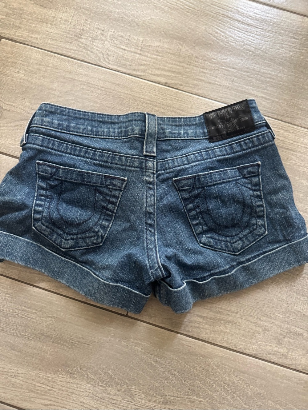 True Religion Dark Blue Rolled Cuff Denim Shorts - Picture 2 of 5